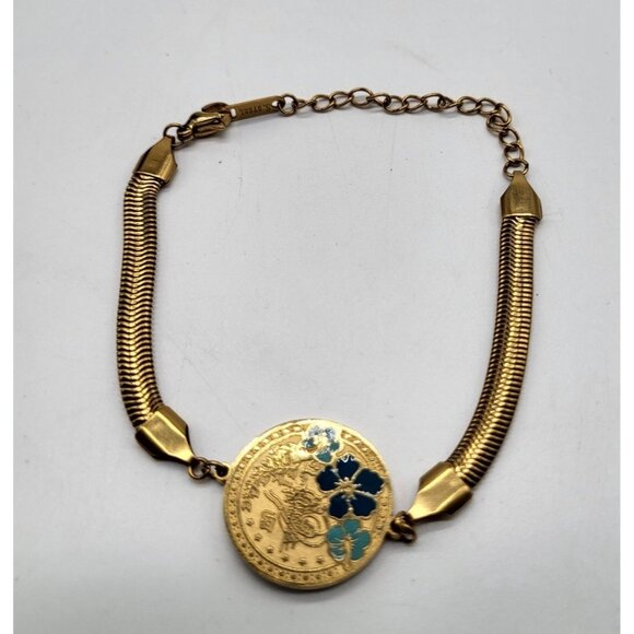 VTG Hibiscus Coin Medallion Gold Tone Herringbone Bracelet Stainless Steel - Picture 2 of 8